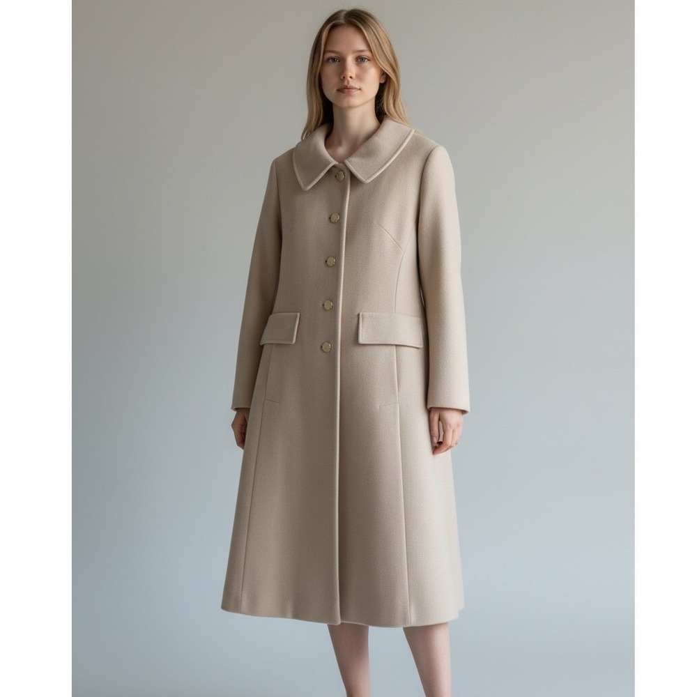 Vintage 100% Pure Cashmere Long Coat Beige ILGWU Made in USA Gold Button